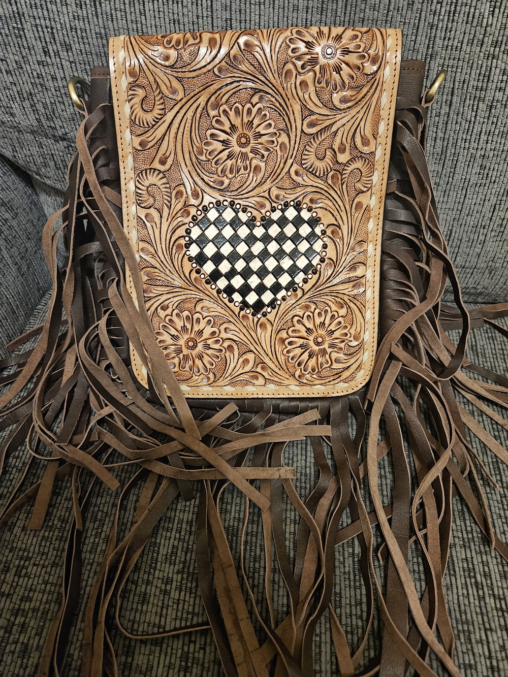 Checkered Heart | Tooled Leather Fringe Crossbody Bag (Brown)